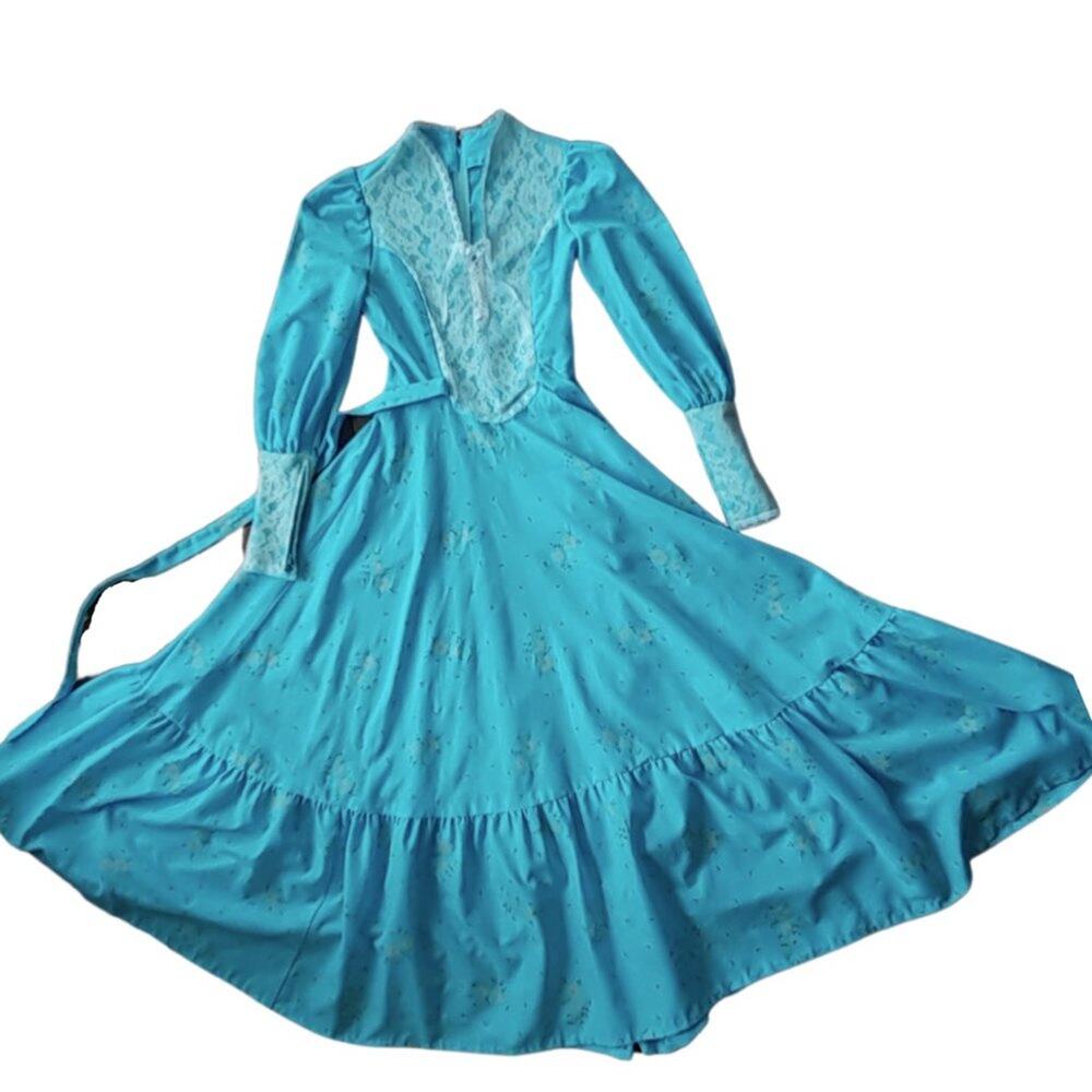 Vintage 70s Blue Prairie Maxi Dress Gunne Sax Style XS Lace Up Cottagecore Boho - Picture 10 of 11